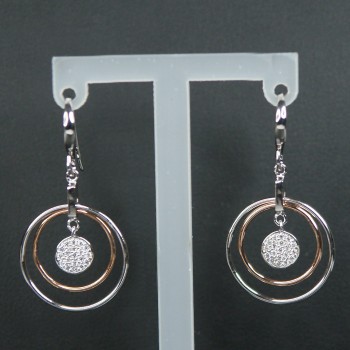 Sterling Silver CZ Rose Gold Plated 3 Graduated Hoop Drop Earrings